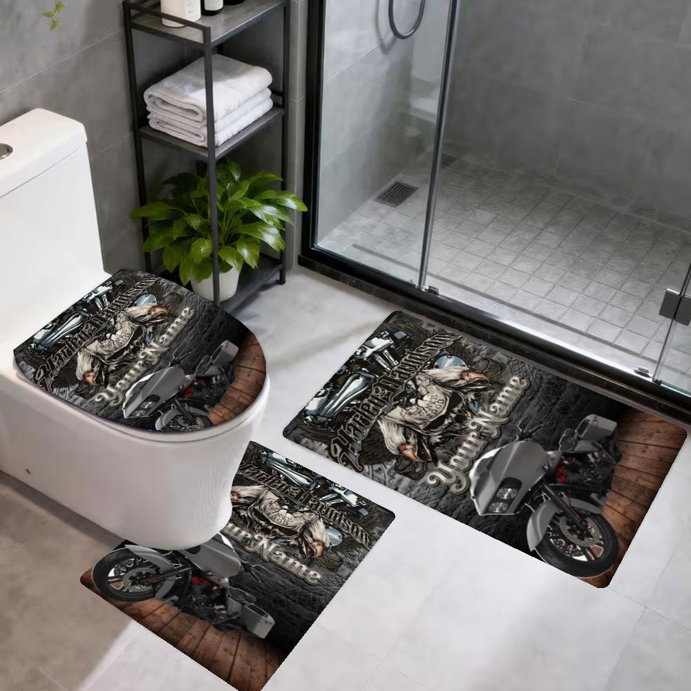 Harleydavidson Motorcycles Customize Your Name 3Pcs Bathroom Mat Set Toilet Lid Cover Ushaped Foot Mat Nonslip Floor Mat Decor For Bathroom