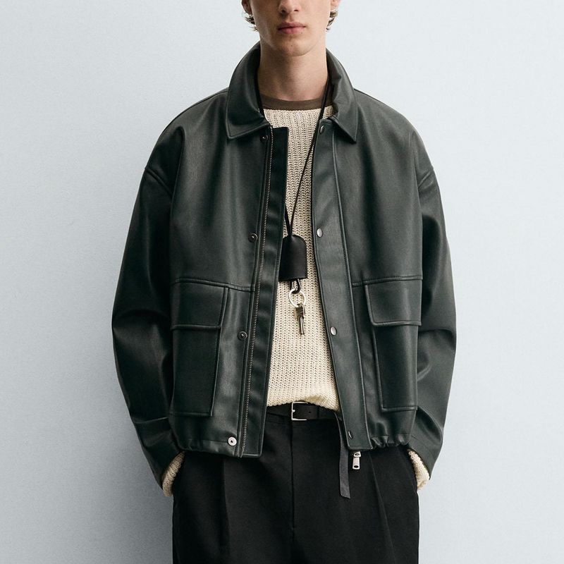 Cabinet 699! Autumn and Winter Men's Faux Leather Loose Jacket 3046314 529 Workwear Lapel Pu Leather Jacket