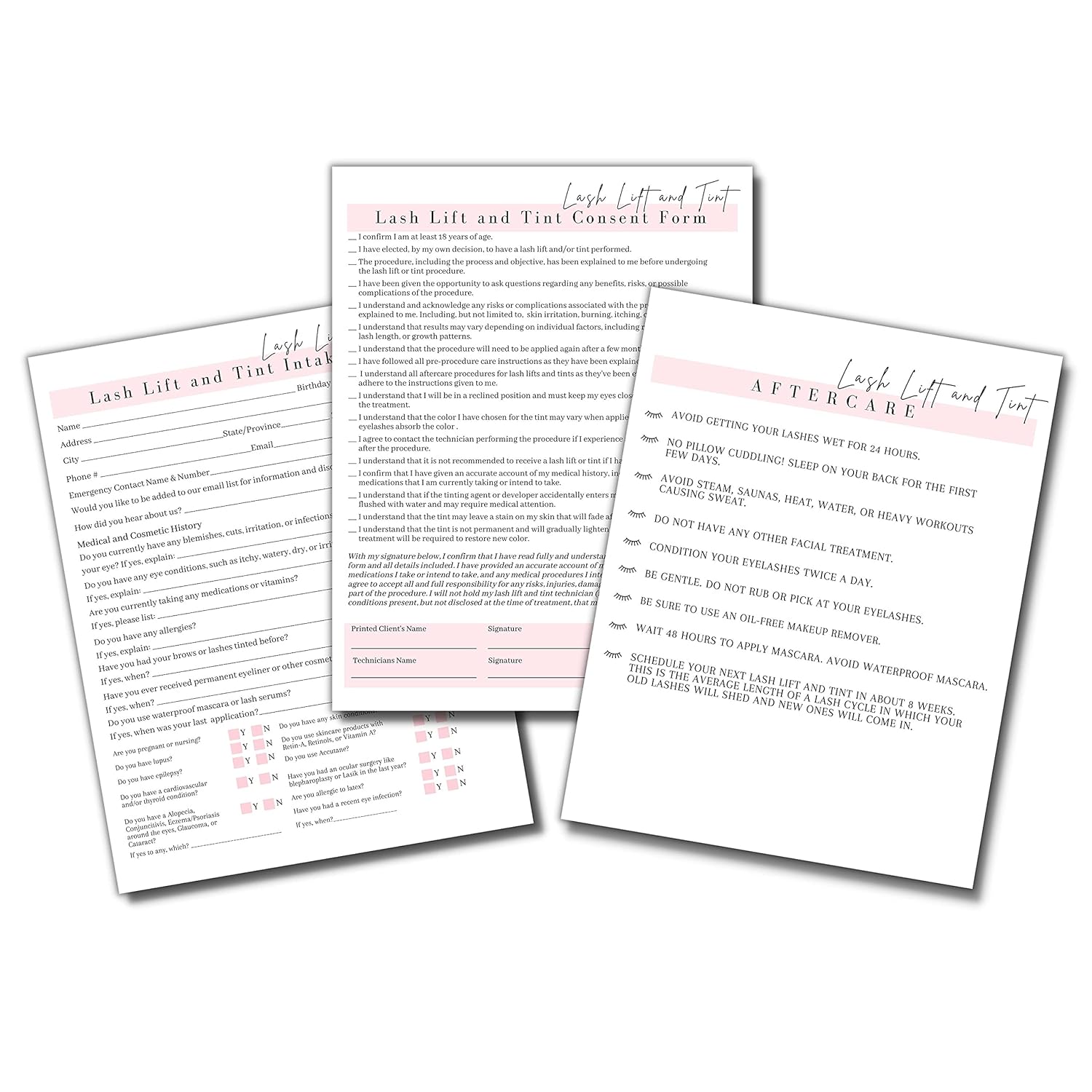 Lash Lift & Tint Consent Form, Intake Form, Aftercare Form | 75 Pack | 8.5x11  inch Paper Size Form | 25 Consent Forms, 25 Client Intake Forms, 25