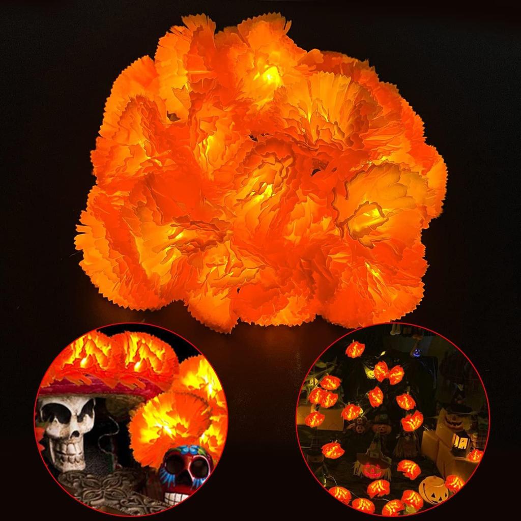 LED Dahlia & Chrysanthemum String Lights – Halloween & Ghost Festival Decorative Marigold Lights