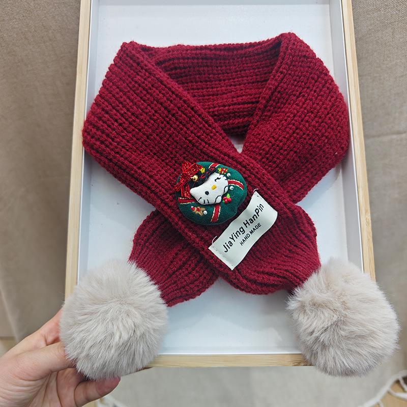 Korean Style Cute Red Knit Scarf for Children - Cozy Autumn/Winter Neck Warmer for Festive Season