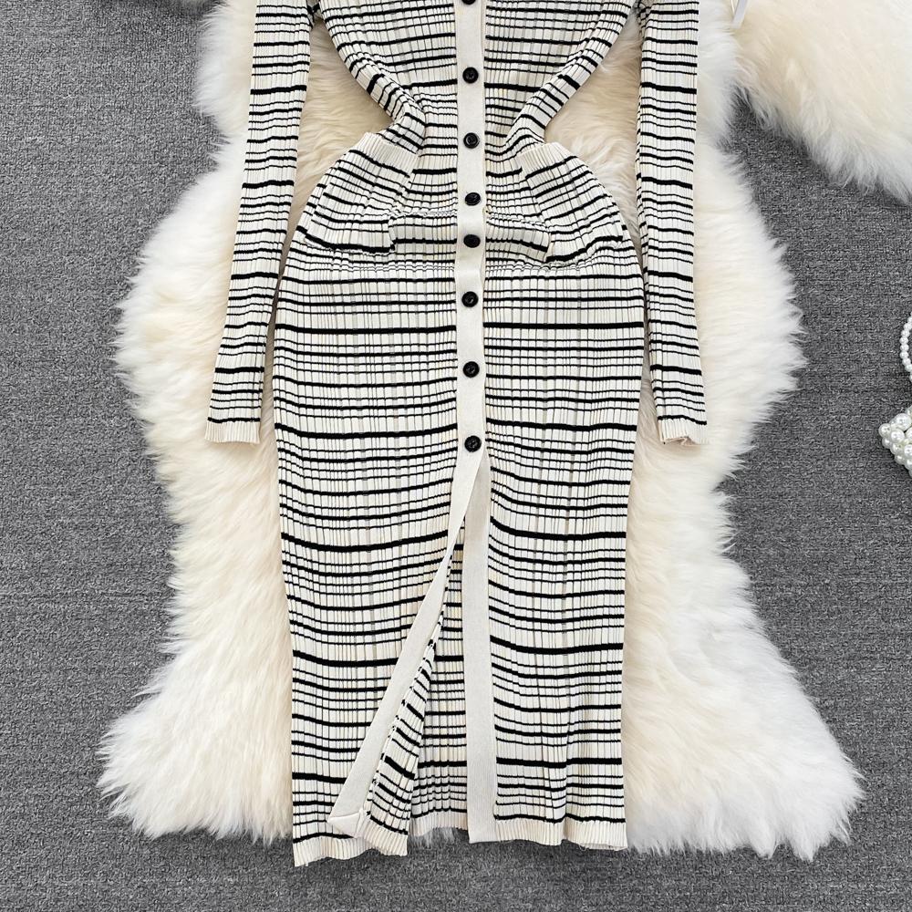 Vestido tipo suéter de punto a rayas con cuello vuelto para mujer, prendas de punto informales con un solo pecho hasta la rodilla, moda de otoño