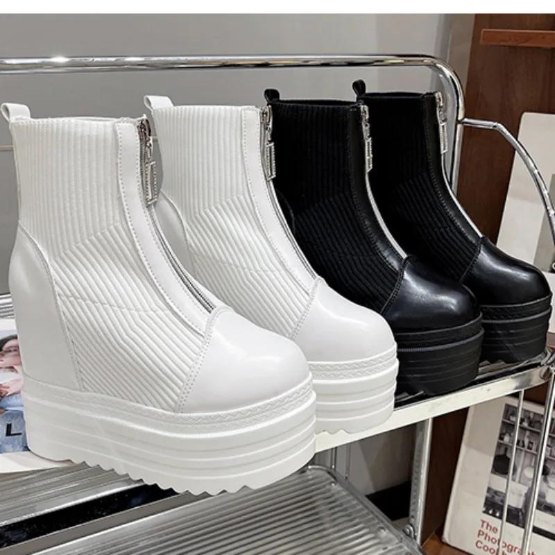2024 New Autumn Winter Thick Sole Women Boot Fashion Round Head Front Zipper Platform High Heels Women's Leather Ankle Boots