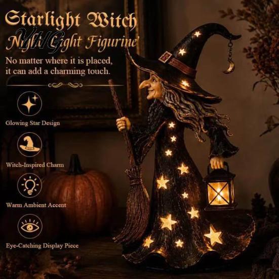 Collectible Witch Figurine 2Pcs Halloween Night Lamp, Holding Lantern with Resin Statue LED, Glowing for Tabletop Decor Home