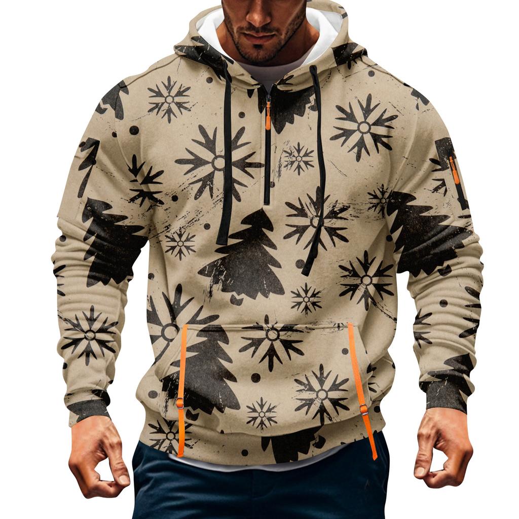 Men's Christmas Print Hooded Half-Zip Casual Sports Sweatshirt