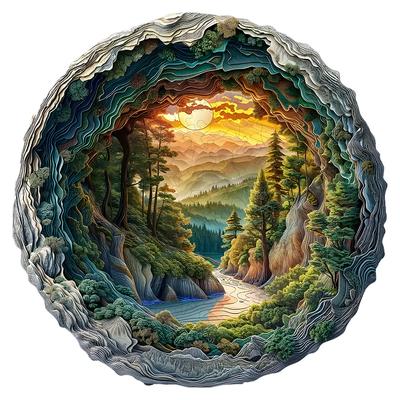 Wooden Puzzles for Adults, Flat Puzzle with 3D Visual Effect, Winter Scene Wooden Jigsaw Puzzles for Adults, Forest River Sunset