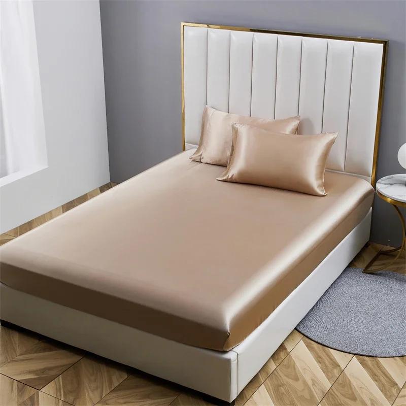 High-end Satin Queen Fitted Sheet Silky King Size Bed Sheet with Elastic Band Bedsheet Mattress Protector Cover No Pillowcase