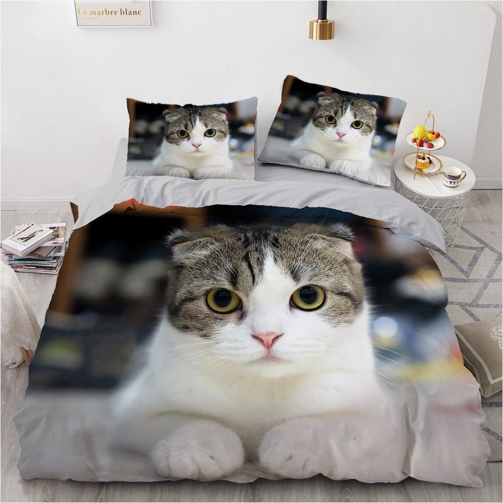 3D Cat King Queen Duvet Cover Lovely Grey White Kitty Bedding Set For Kids Teens Adults Scottish Fold Soft 2/3pcs Quilt Cover
