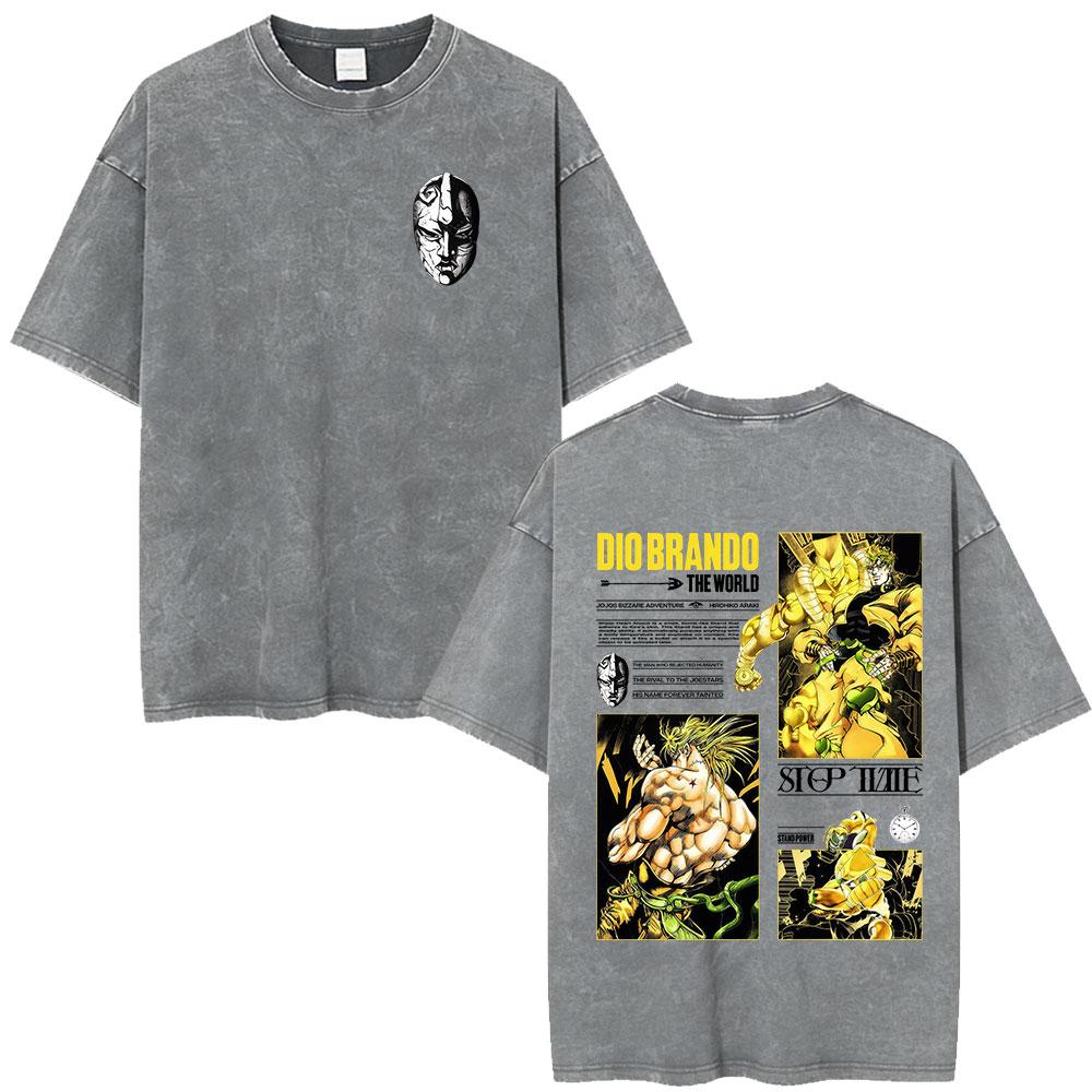 Anime Jojo Bizarre Adventure Kira Yoshikage Killer Queen Acid Washed T Shirt Mens Casual Cotton Short Sleeves Oversized Tshirts