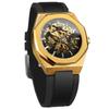 BOLYTE Herren Skelett Automatische Mechanische Armbanduhr Achteckiges Gehäuse Leuchtzeiger Schwarzes Silikonband Militärisch Stilvoll Wasserdicht Geschenk Gold