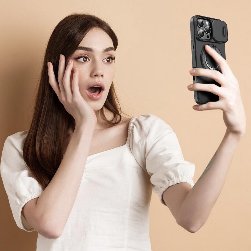 For iPhone 16 Pro Magnetic Phone Case Slide Lens Cover Ring Kickstand TPU+PC Phone Shell