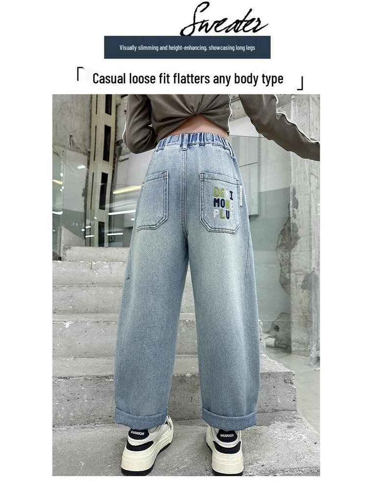2025 Girls' Spring-Autumn Straight Wide-Leg Jeans: Long Pants for Big Kids