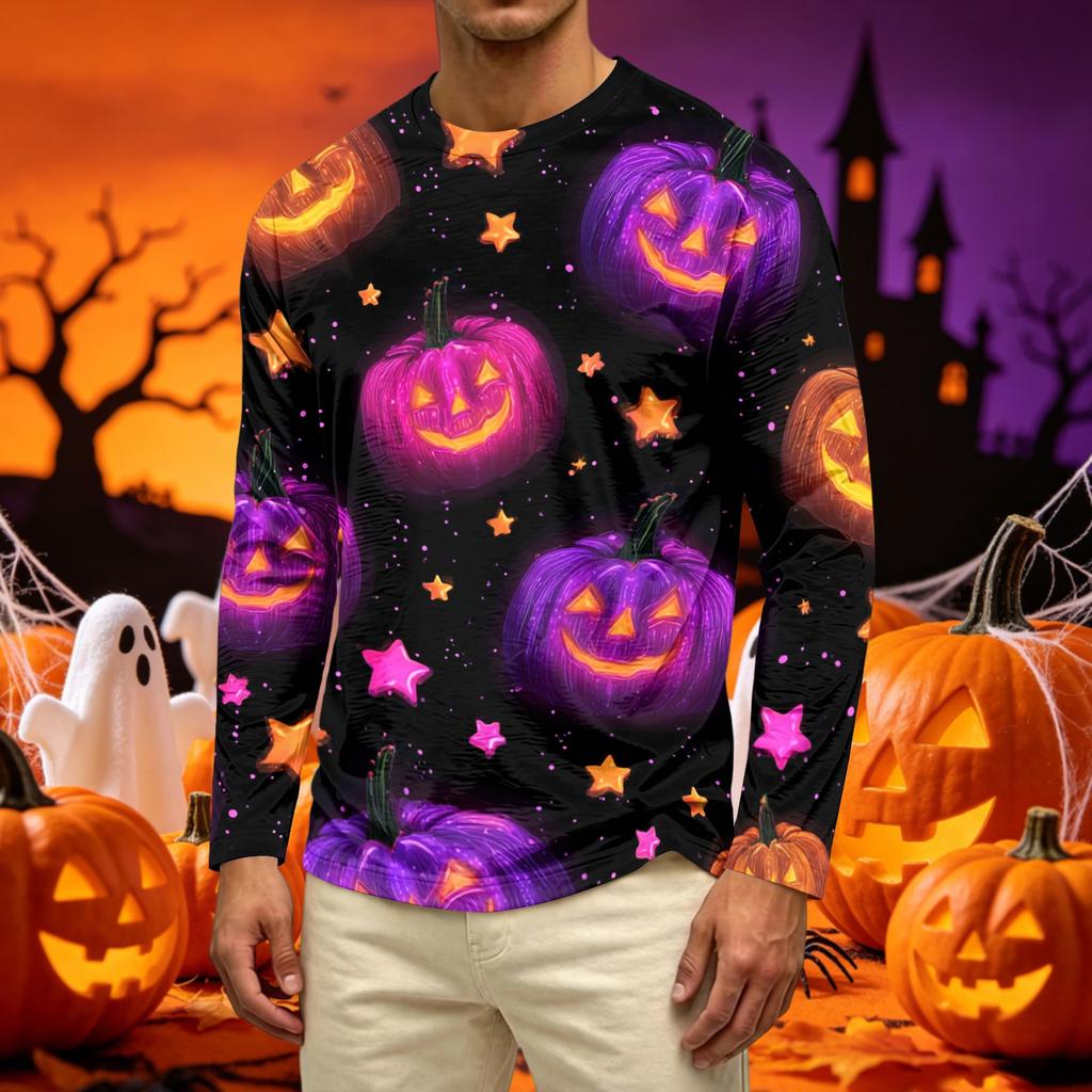Men's Long Sleeve Casual T-Shirt Crew Neck Printed Halloween Pumpkin Pattern Top Comfortable Fit Lightweight Fabric
