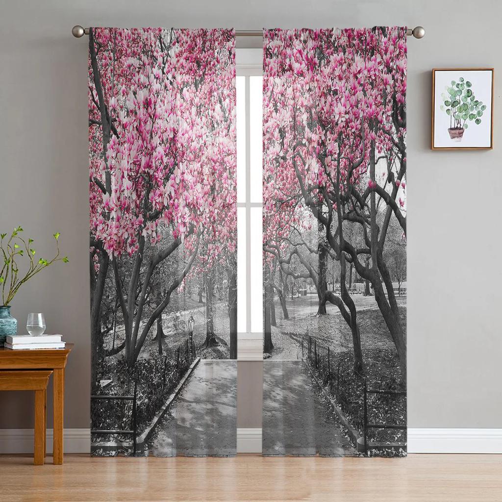 Watercolor Pink Cherry Blossom Ink Chiffon Sheer Curtains for Living Room Bedroom Decoration Window Voiles Tulle Curtain Drapes
