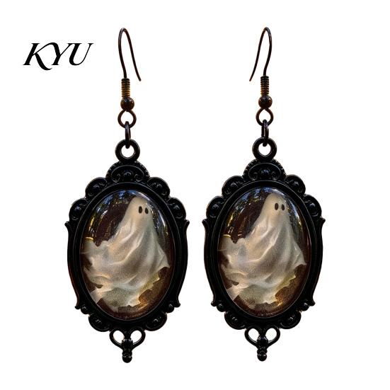 Unique Holiday Gift Gothic Ghost Earrings, Vintage Style Matte Black Alloy Dangle Dark Academia Accessories Halloween Decorative Jewelry for