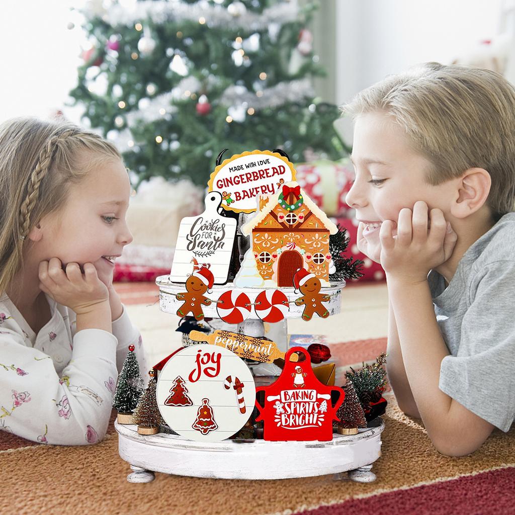 Xmas Tiered Tray Decor Rustic Wooden Xmas Tiered Tray for Holiday Table Decoration