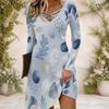 Women Criss Cross V Neck Long Sleeve Green Beige Printed Irregular Hem Dress