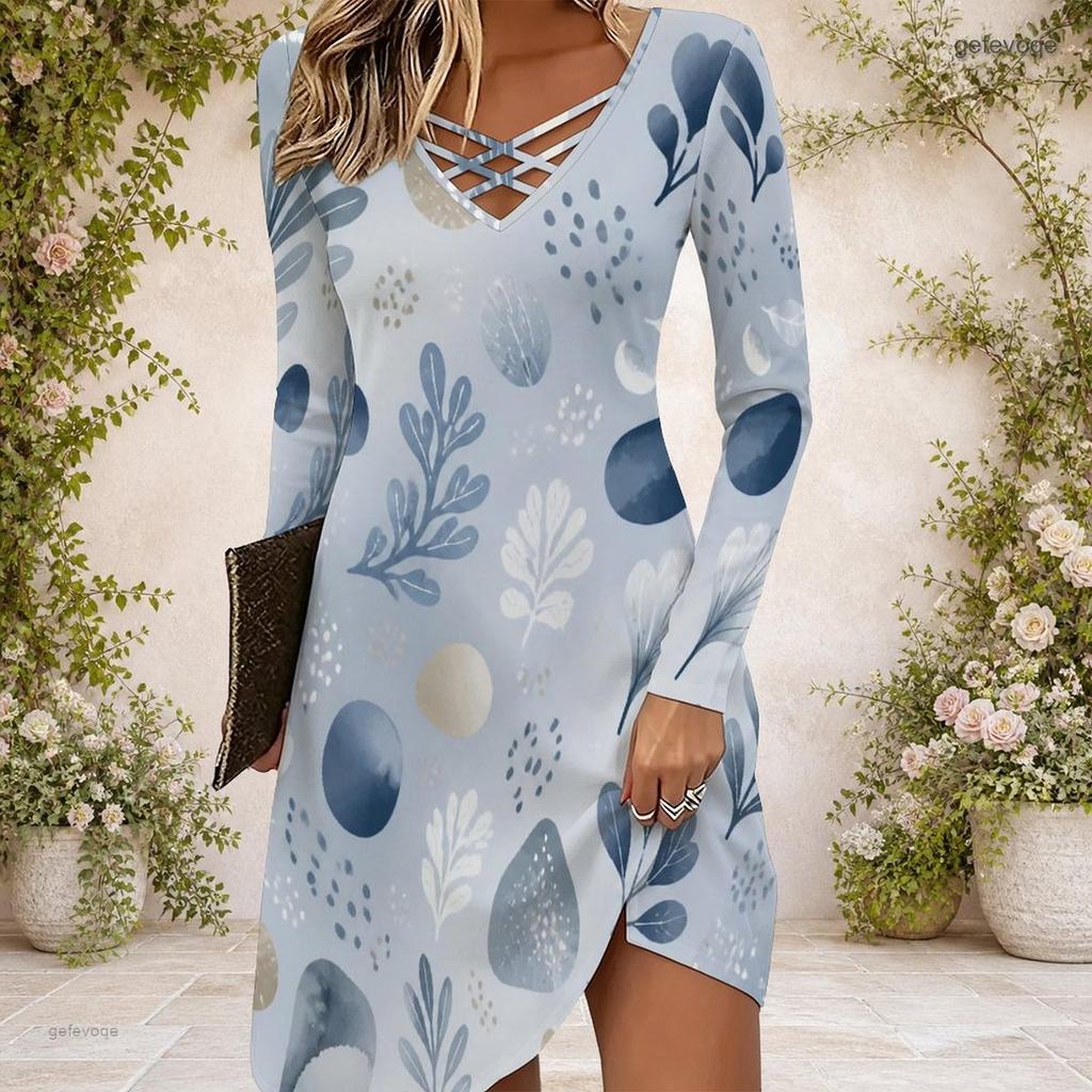 Women Criss Cross V Neck Long Sleeve Green Beige Printed Irregular Hem Dress