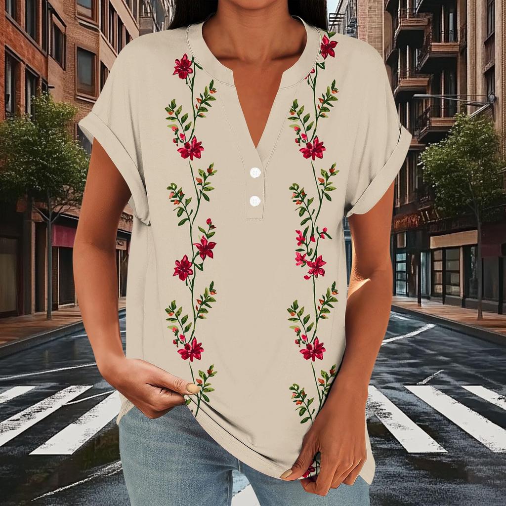Women Casual Loose Fit Short Sleeve V Neck Button Floral Print Top Lightweight Summer Blouse