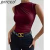 BITCED Women's Spring/Summer Fashion Versatile Solid-Colour Pleated Sleeveless Pullover with Half-High Neck T-Shirt