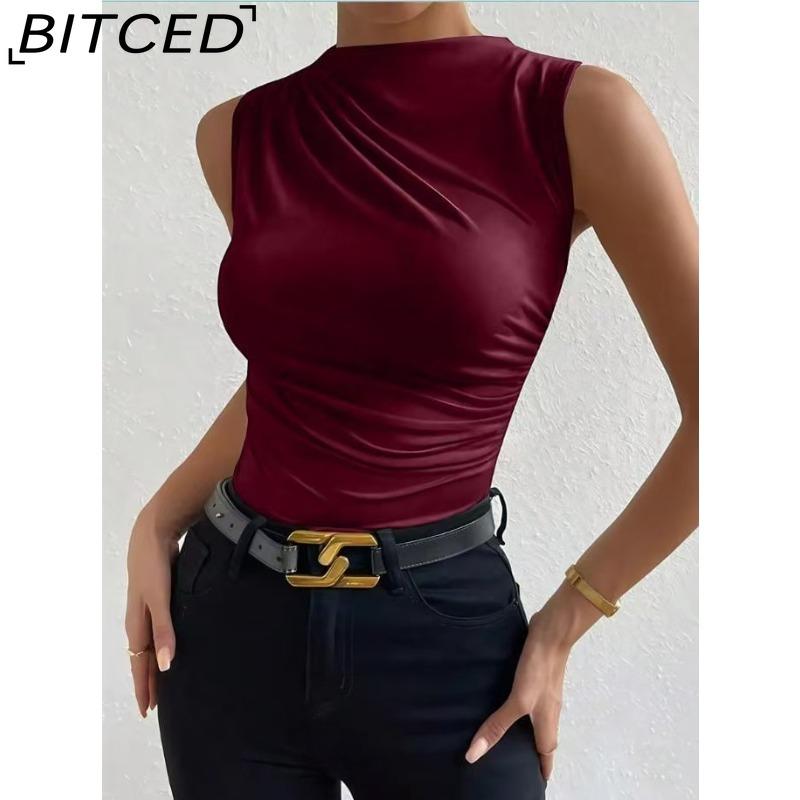 BITCED Women's Spring/Summer Fashion Versatile Solid-Colour Pleated Sleeveless Pullover with Half-High Neck T-Shirt