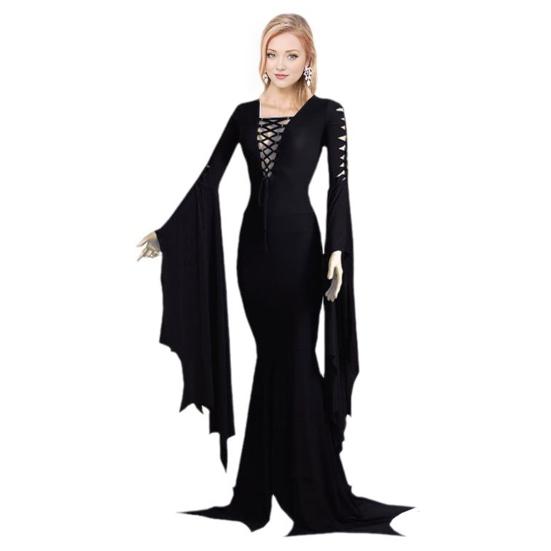 Women Halloween Dress Lace-up Slim Fit Irregular Ruffle Cuff Bell Sleeves Hollow Out Round Neck Solid Color Vampires Cosplay Performance Maxi Dress