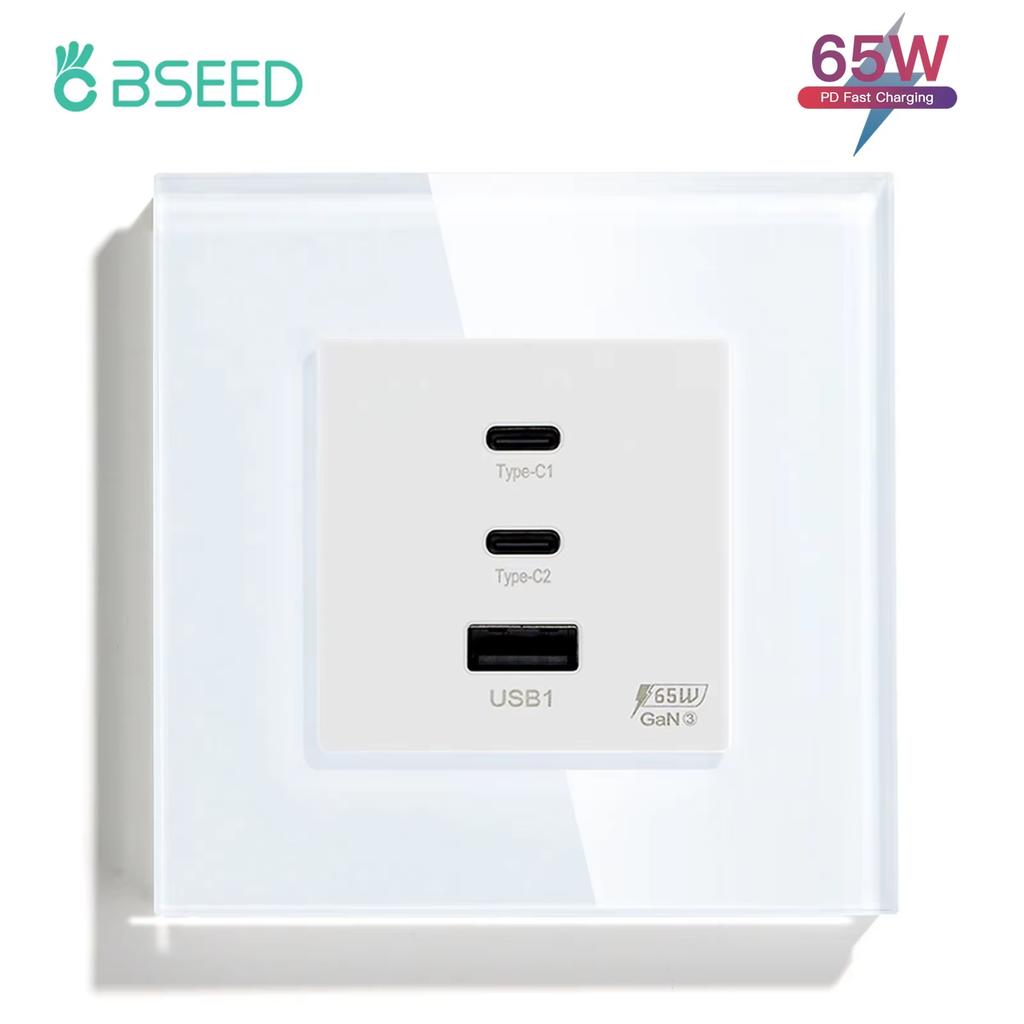 BSEED French Wall Socket 65W Double Type-c USB Sockets Super Fast Charging Ports Electric Power Outlets Crystal Glass Frames