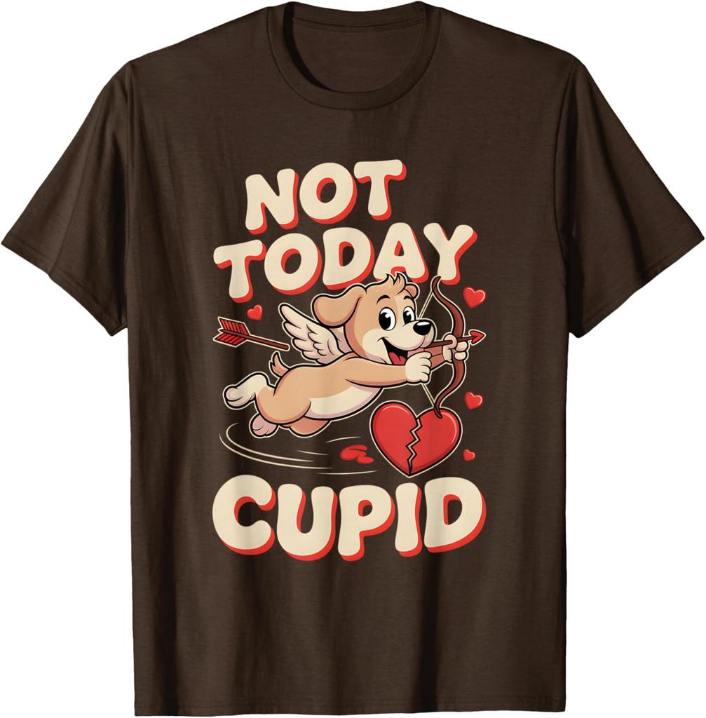 Not Today Cupid Funny Puppy Cartoon Graphic Tee Anti Valentine Casual Short Sleeve T-Shirt