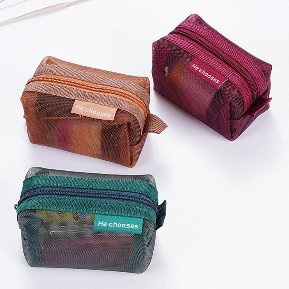 Retro Color Transparent Cosmetic Bag Zipper Toiletry Storage Bag Casual Mesh Makeup Bag  Lady