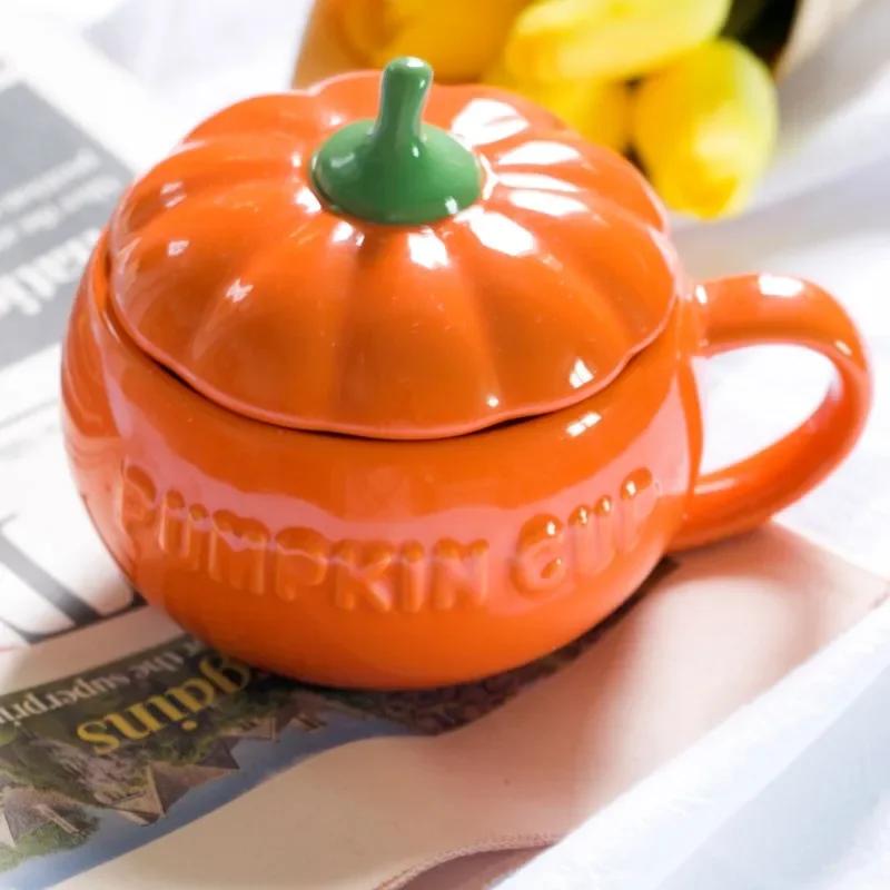 Cute Pumpkin Ceramics Coffee Mug Milk Soup Cup with Lid Breakfast Water Mug Office Home Drinkware Teacup Decoration Morning Cup