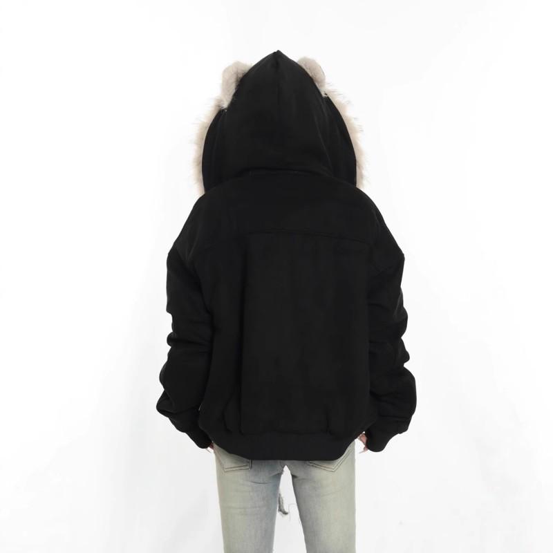 Womens Thickened Faux Suede Hooded Coat With Fur Trim Cat Ear Detail Winter Warm Outerwear