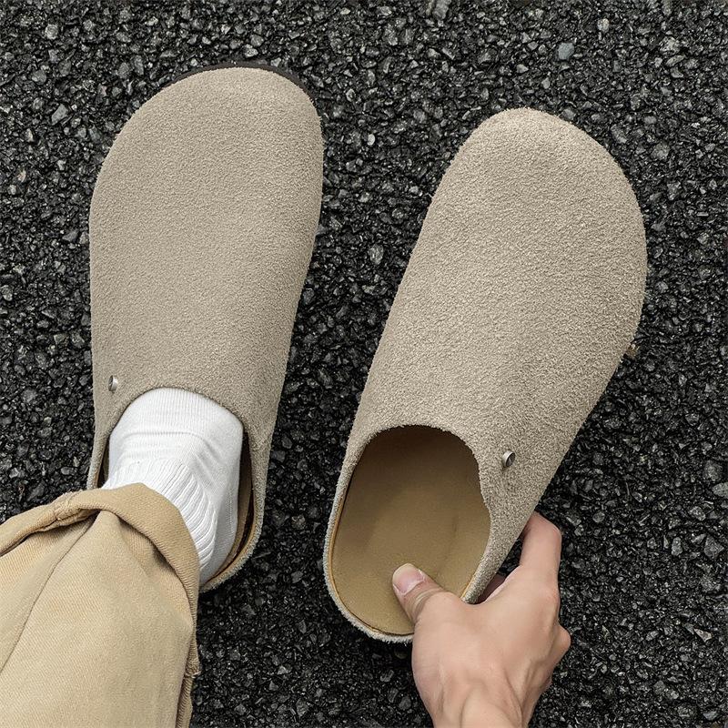 Boken Shoes Men's Foot Cover Summer Breathable Half Drag Outer Wear Leather Slippers 45370 Long Hair beige-Y