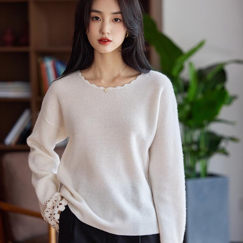 Early Autumn 100% Pure Wool Crochet Knitwear: Elegant Hollow Loose Long Sleeve Slimming Base Layer