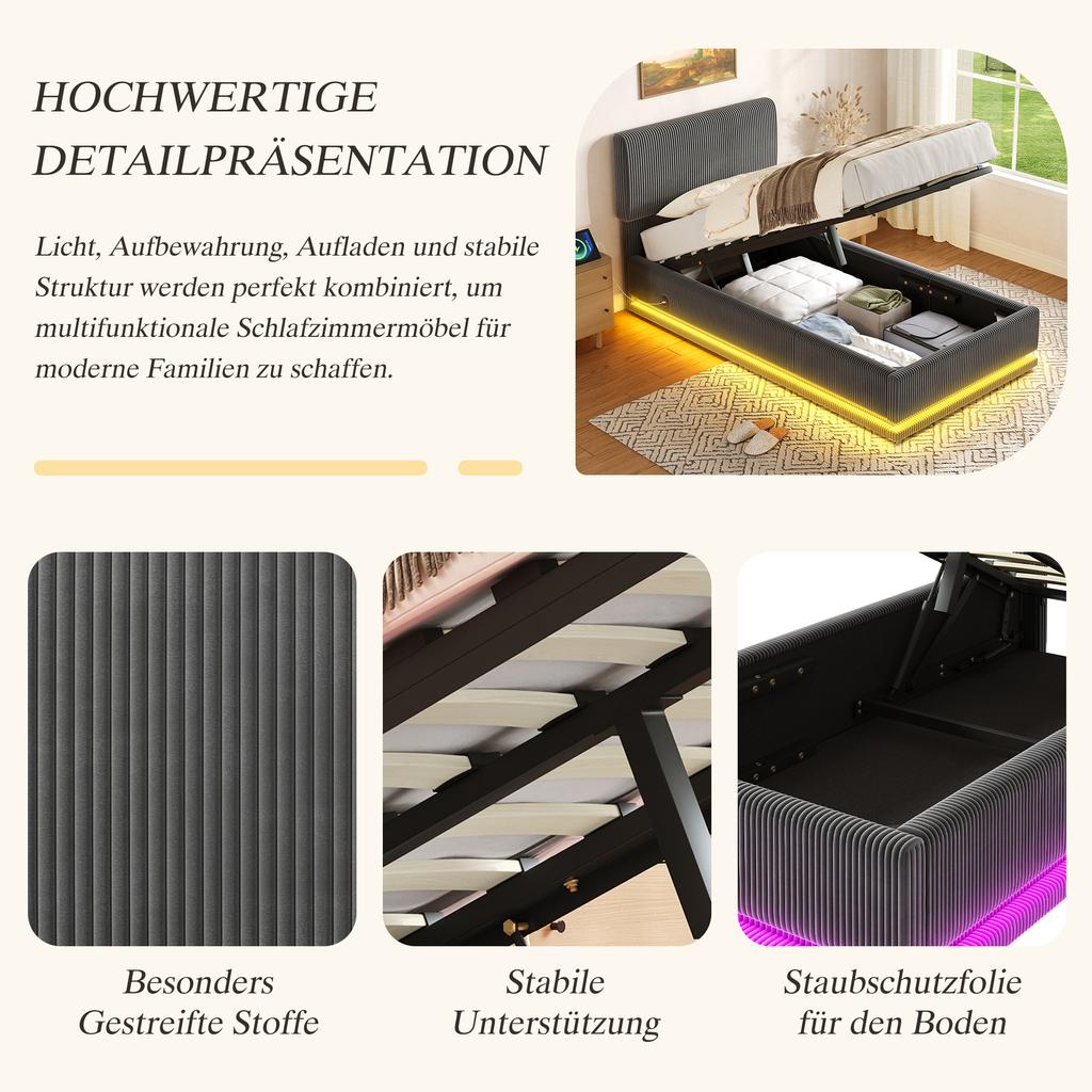 Modern Upholstered Beds with LED Lighting, USB-C Charging, Height-Adjustable Headboard, Corduroy, Slatted Frame, Under-Bed Storage.90*200 Gray