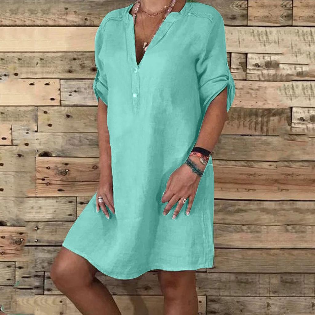 Women's Fashion Casual Temperament Crewneck Button Loose Cotton Hemp Color Dress
