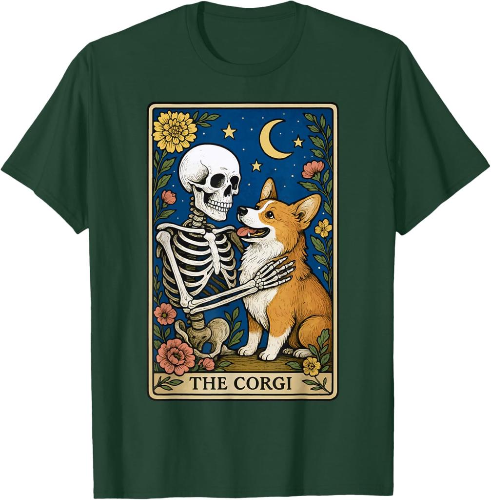 The Corgi Skeleton Tarot Card Graphic Print Cotton Round Neck Casual T-Shirt Men