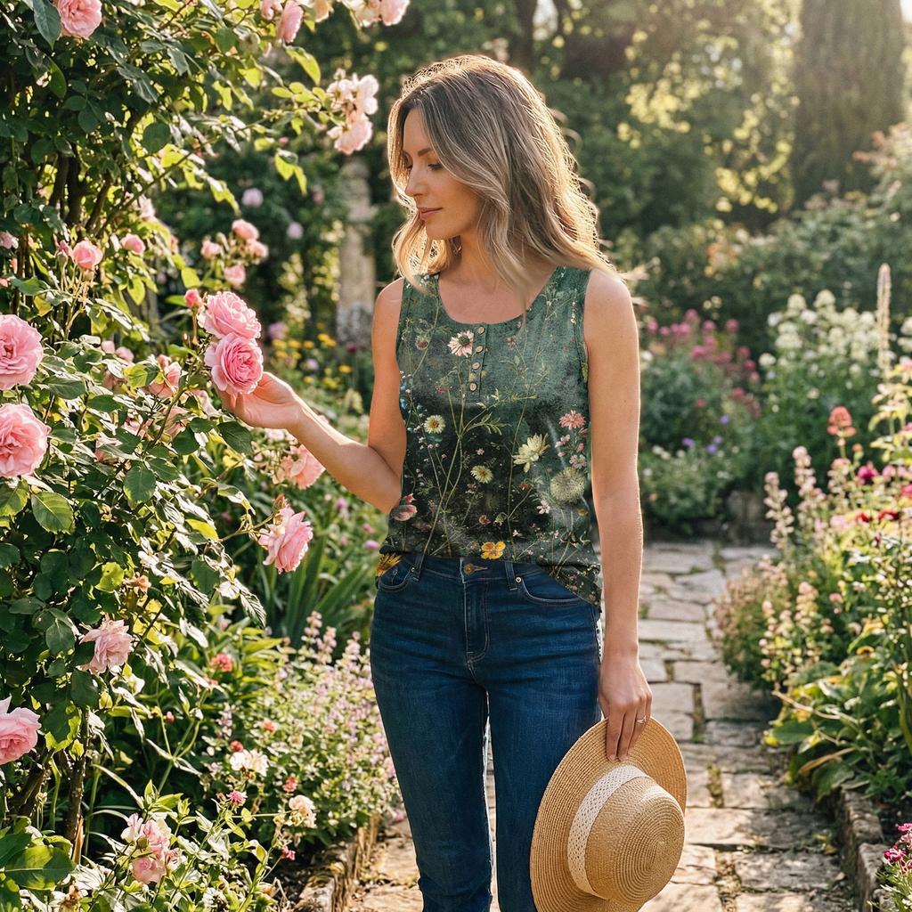 Women's Sleeveless Floral Print Tank Top U-Neck Button Detail Casual Summer Blouse Lightweight Comfortable Fit