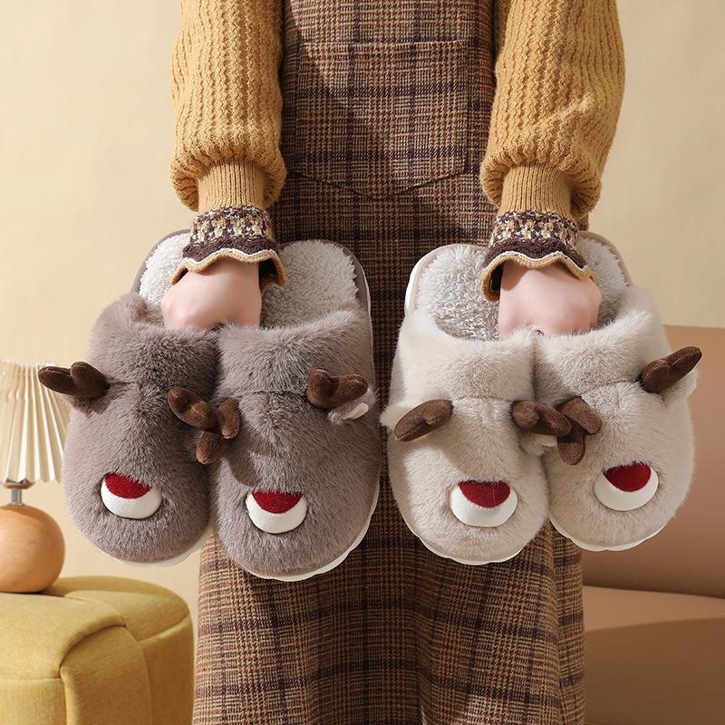 Children's Cotton Slippers Female Christmas Elk Autumn and Winter Fluffy Slippers Indoor Home Non-slip Warm Cotton Mop Parent-child Model