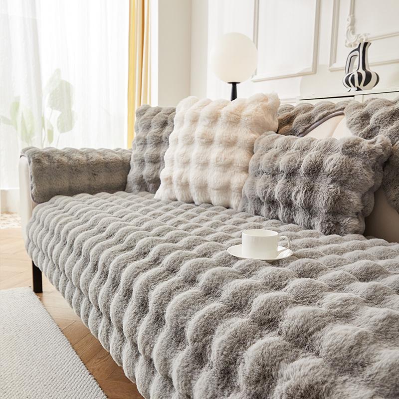 Nordic Minimalist Winter-Style Thick Plush Rabbit Fur Sofa Cushion & Non-Slip Cover