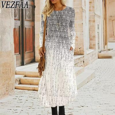 Women's Fashion Spring Fall Long Sleeve O-Neck Loose Waistline Casual Dresses