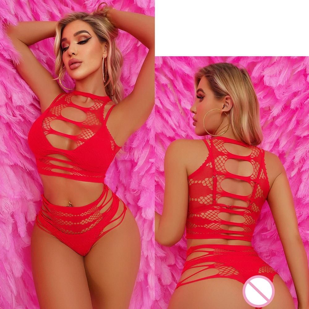 Ladies Fishnet Jumpsuit Costume Sexy Mesh Hollow Out Bodycon Lingerie Set Women Erotic Bodysuits Clothing Female Nightdress