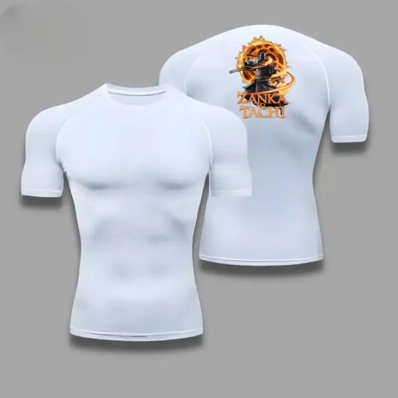 Comfortable Fitness T-shirt for Men Bleach Graphic Breathable Slim Fit Top Summer Gym Jogging Training Elastic Fitness Suit Tee