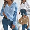 Women's V-Neck Knit Sweater Cable Pattern Long Sleeve Casual Top Solid Color Pullover