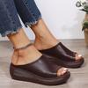 Slippers female summer wear slope heel fish mouth one-word drag muffin thick bottom retro