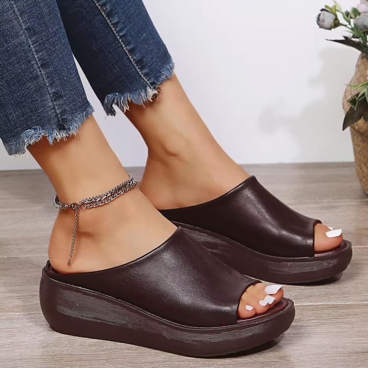 Slippers female summer wear slope heel fish mouth one-word drag muffin thick bottom retro