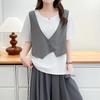 2026 Summer Faux 2-Piece Plus Size Short Sleeve Color Block Slimming Top for Women