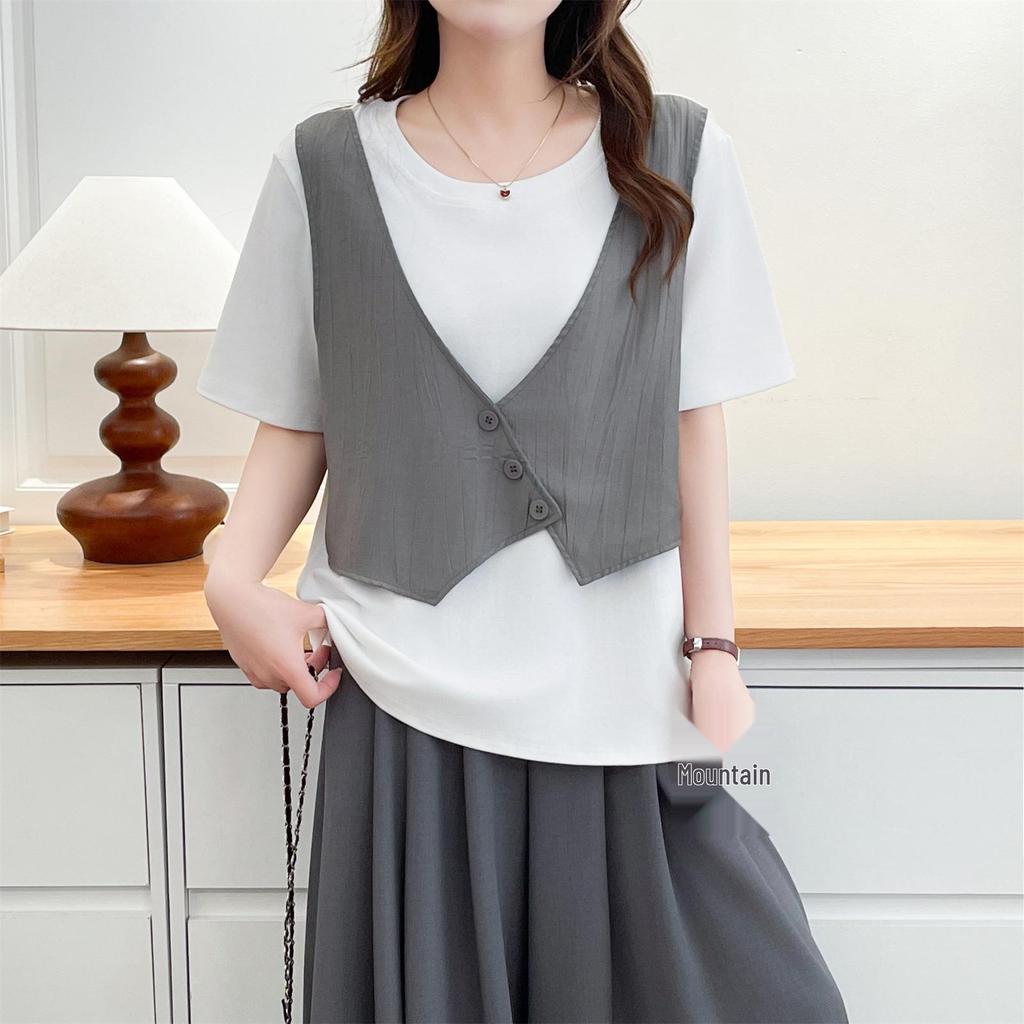 2026 Summer Faux 2-Piece Plus Size Short Sleeve Color Block Slimming Top for Women