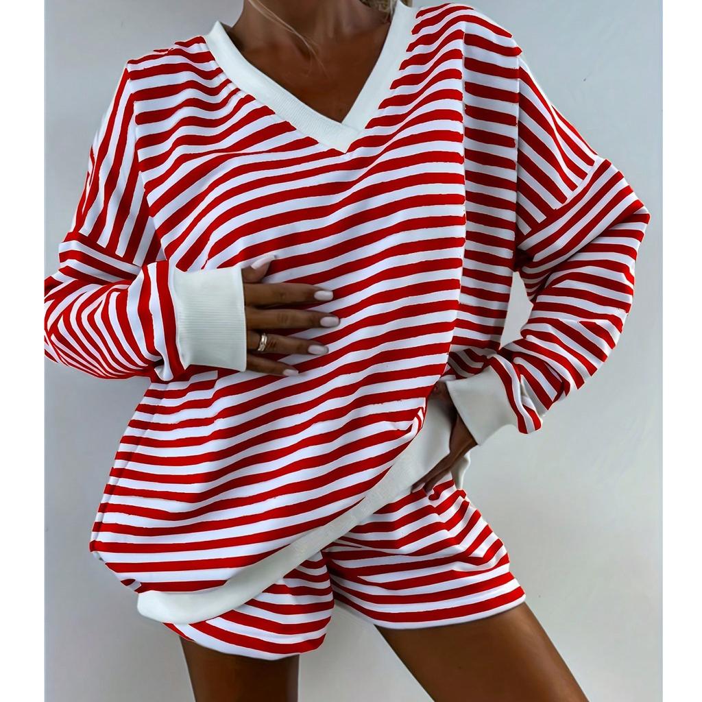 European and American style ins striped home pajamas pajama pants set women's V multi-color long-sleeved shorts casual wear
