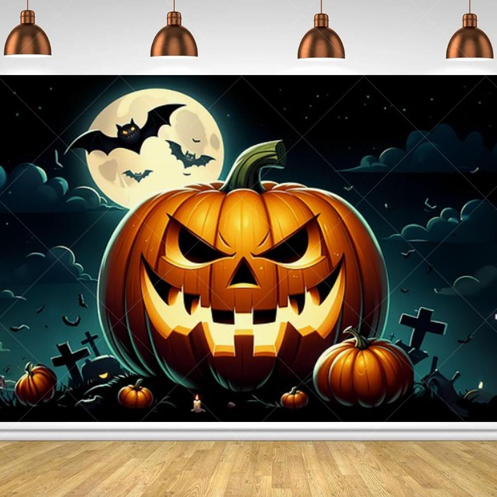 Halloween Horror Night Party Family Gathering Pumpkin Lantern Evil Witch Black Castle Cemetery Forest Background Cloth backdrop
