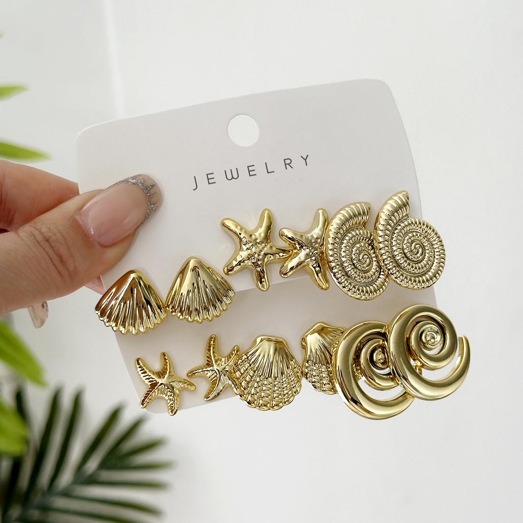 3 Pairs/Set Gold Color Shell Starfish Stud Earrings for Women Ocean Series CCB Lightweight Textured Earrings Beach Party Jewelry